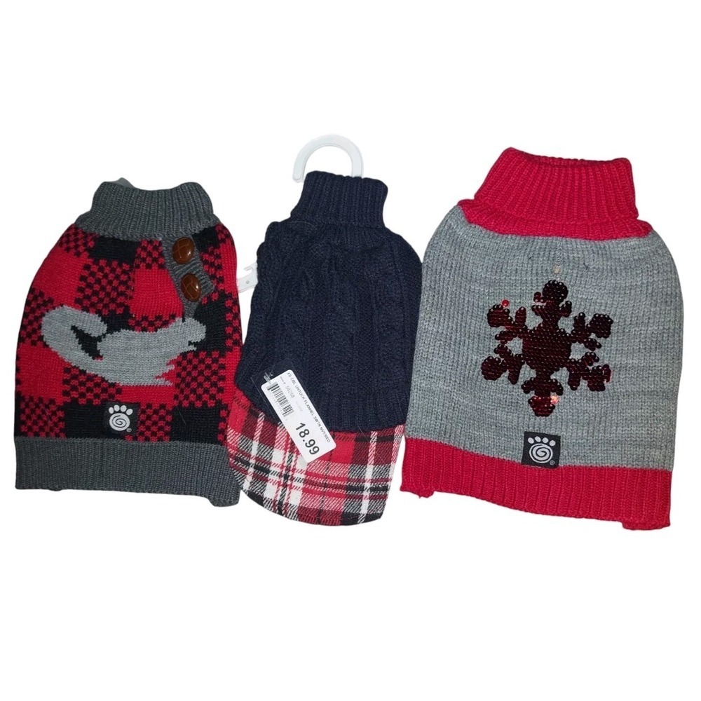Bundle 3 XS Dog Sweaters Winter Theme Grey And Red Snowflake, Squirrel, Plaid - Picture 1 of 3